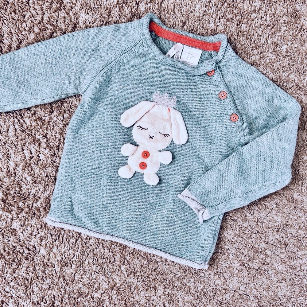 Lil Pixies I Kids Teal Bunny Applique Sweater I Size 2T I Silver,‎ Coral Trim